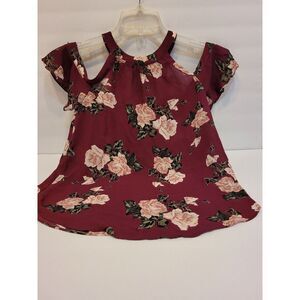 IZ‎ Byer womens top, maroon floral, XS, cold shoulder